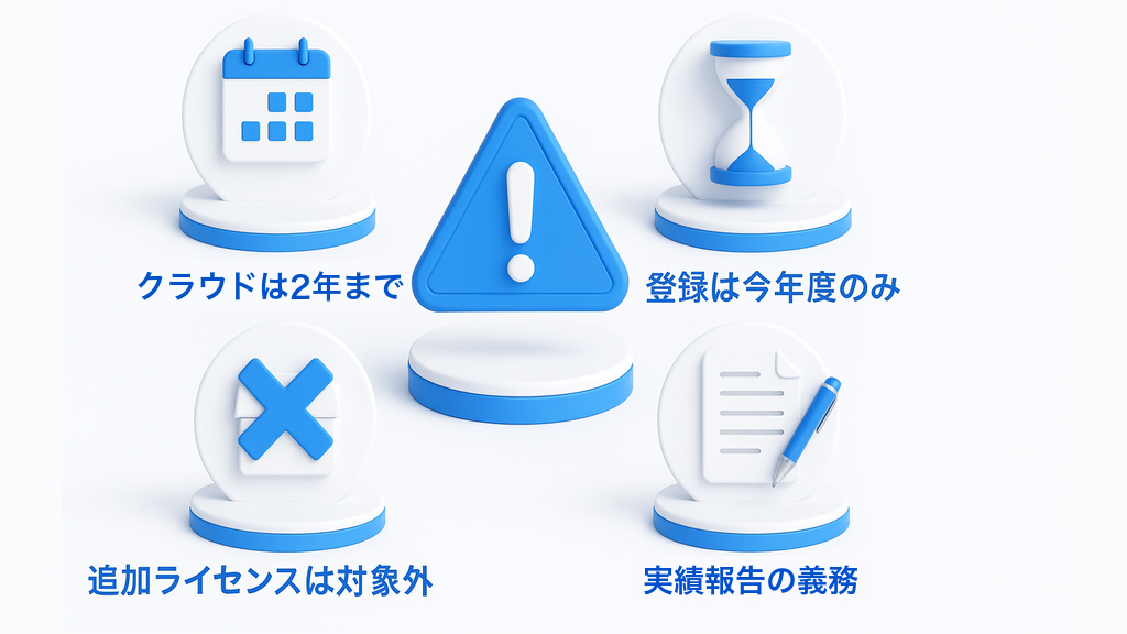 申請前の4つの注意点｜クラウドは2年分まで、登録は今年度のみ、追加ライセンスは対象外、実績報告の義務